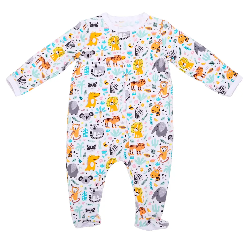 Pyjama bébé à manches longues avec pieds, en tissu blanc décoré de dessins colorés d’animaux de la jungle comme lions, tigres, éléphants, girafes, zèbres, singes et koalas.